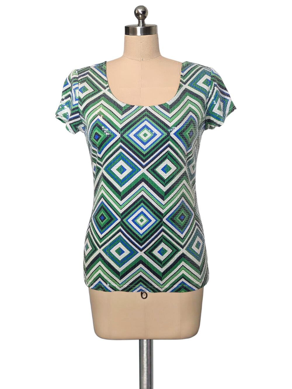 CHICO'S Clear Sequins Geometric Green Print Short Sleeve Shirt Top 0 Small